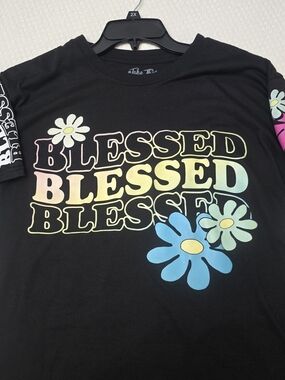 Womens "Blessed" Black Graphic Tee with Pastel Flowers